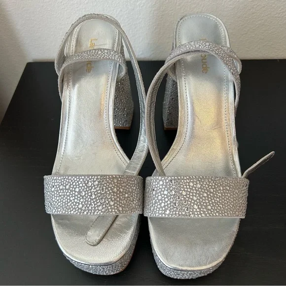 Larroudé Dolly Ankle Strap Platform Sandal Silver Crystal